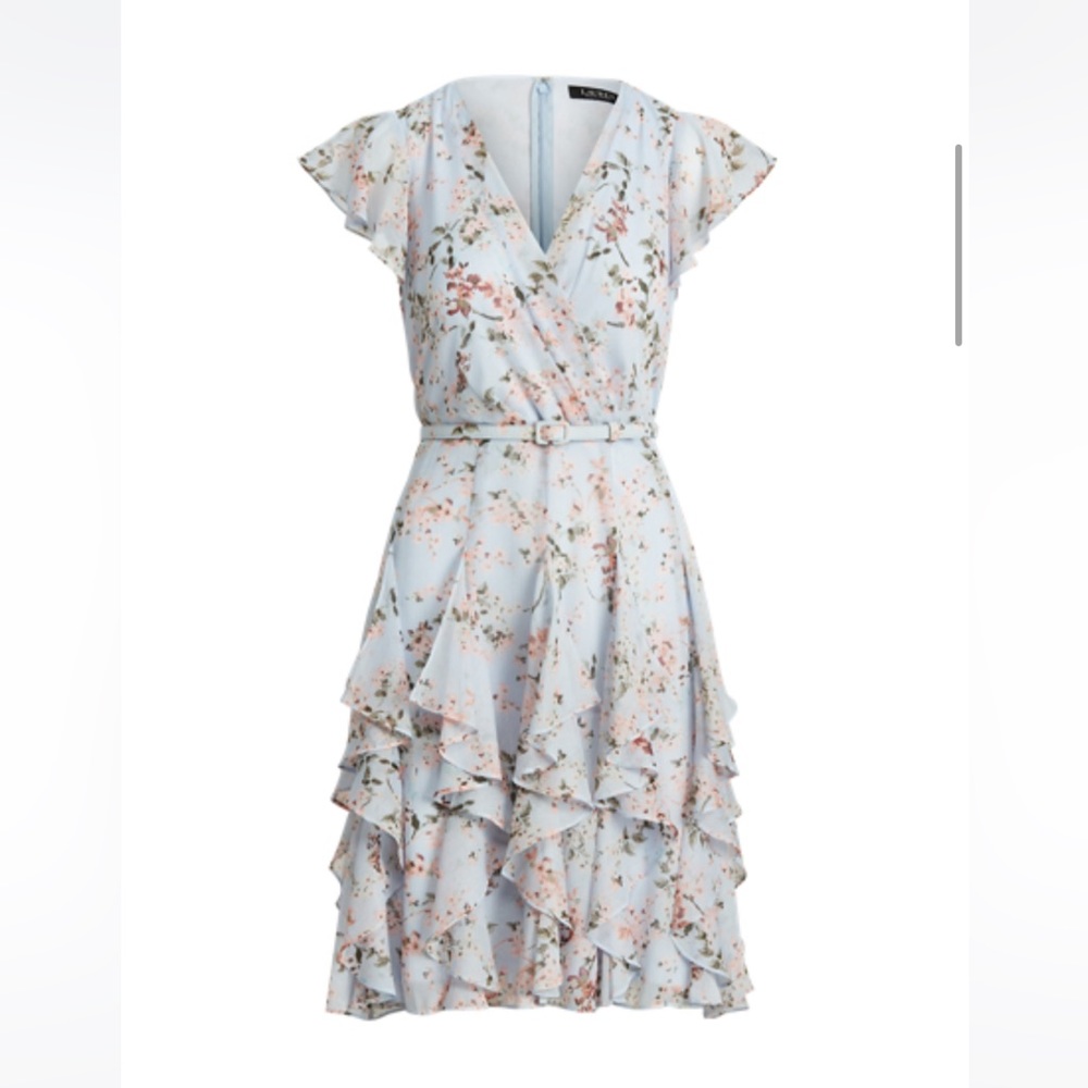 Ralph Lauren Floral Ruffle-Trim Georgette Dress Size S soft blue/pink PERFECT